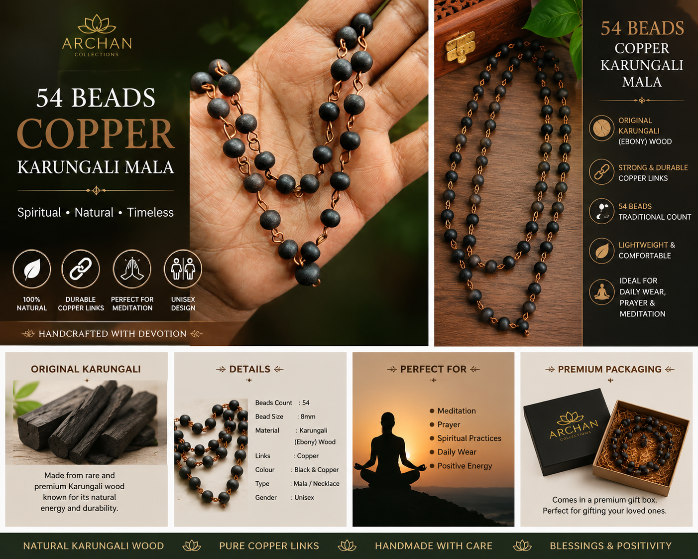 54 Beads Copper Karungali Mala | Original Ebony Wood Prayer Necklace | Handmade Spiritual Mala for Men & Women