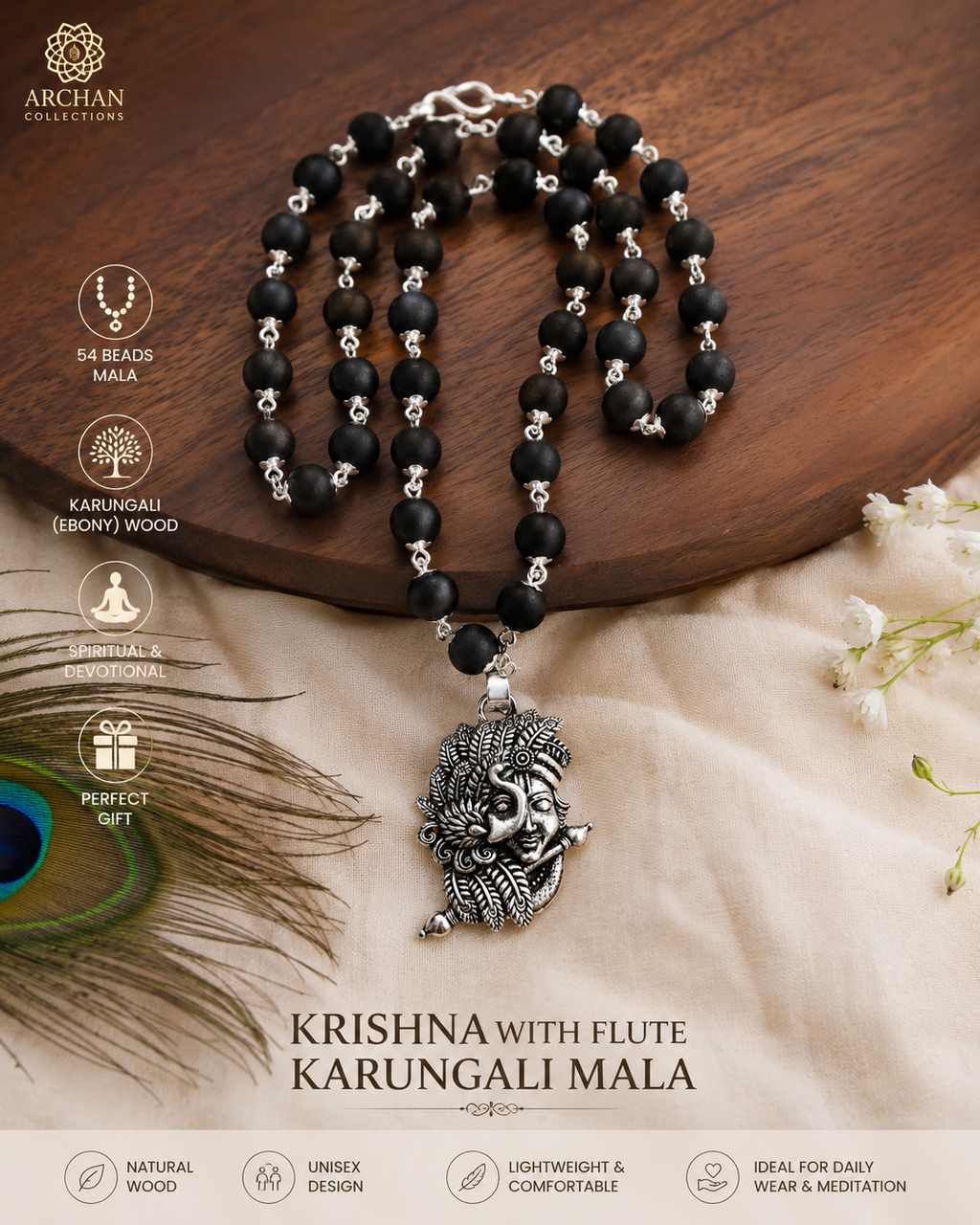 Krishna with Flute 54 Beads Karungali Mala | Original Ebony Wood Devotional Necklace with Antique Krishna Pendant for Men & Women | ARCHAN COLLECTIONS