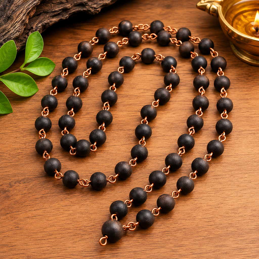 54 Beads Copper Karungali Mala | Original Ebony Wood Prayer Necklace | Handmade Spiritual Mala for Men & Women