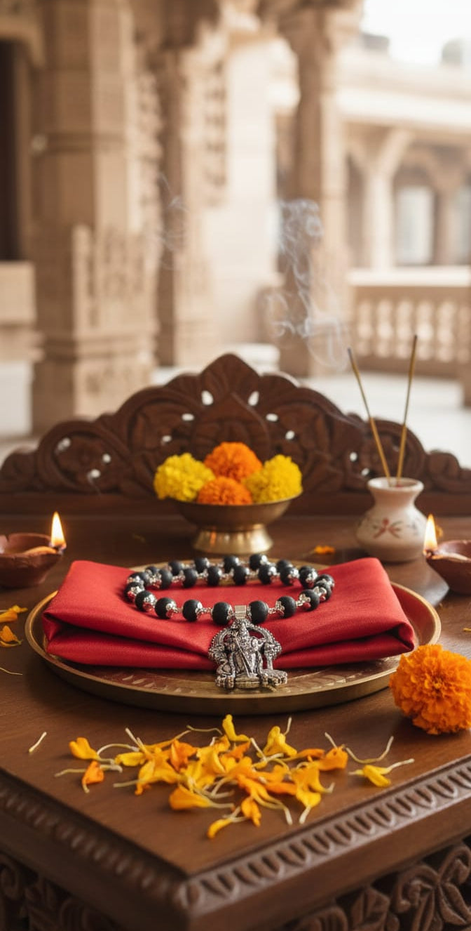 Silver Tirupati Balaji Pendant Mala – Black Bead Chain