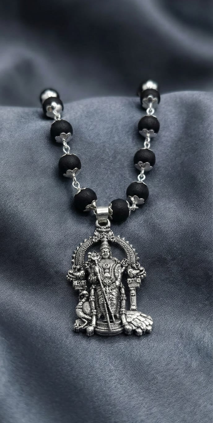 Silver Tirupati Balaji Pendant Mala – Black Bead Chain