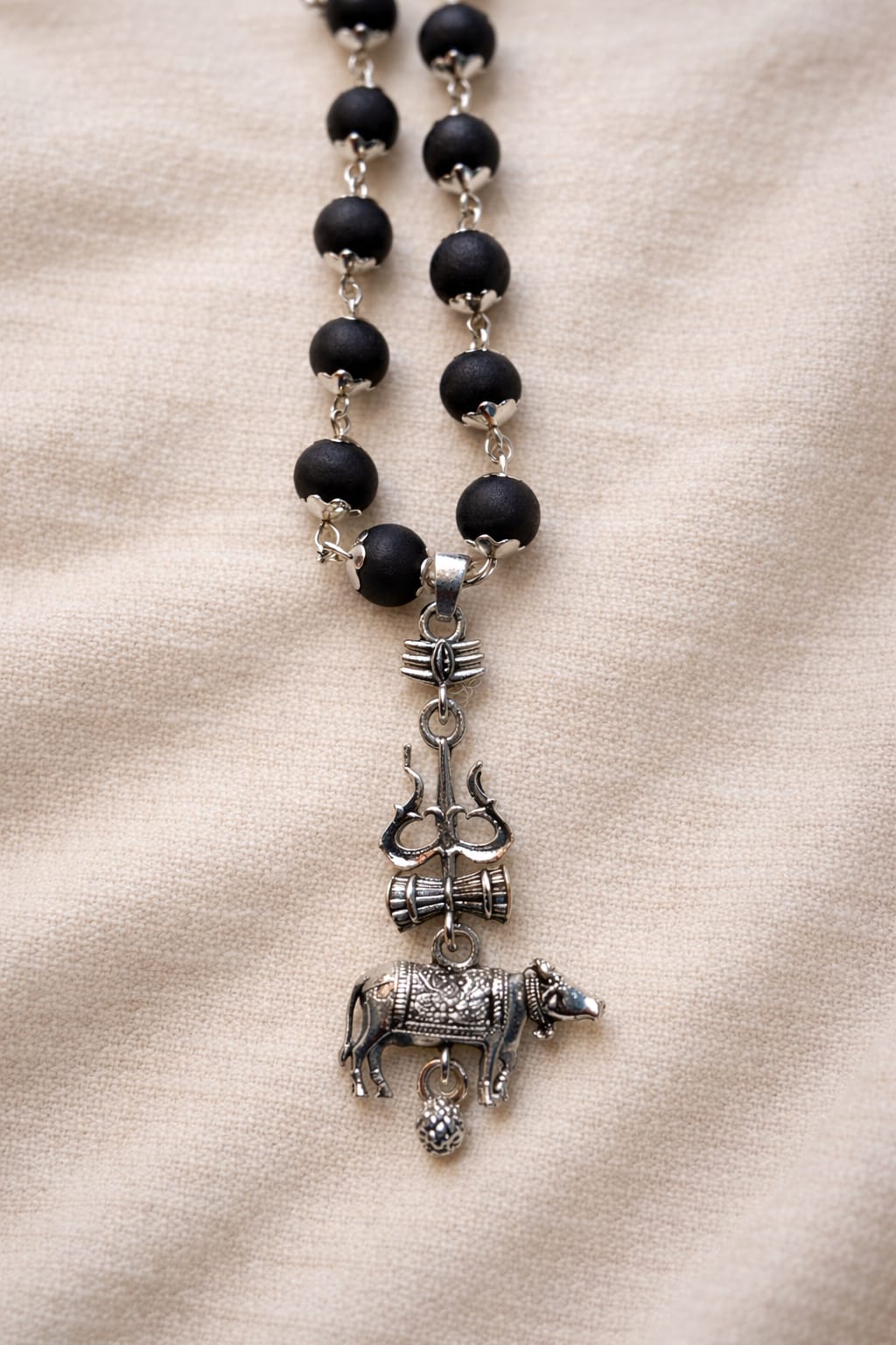 Shiva Devotional karungali 6mm Mala with (Trishul, Damru & Nandi) Pendant.