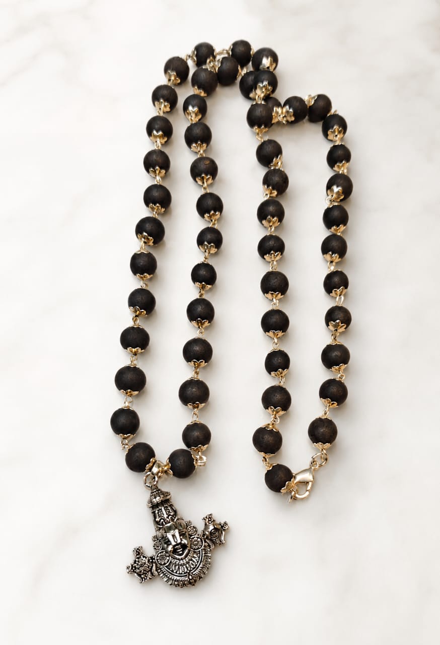 "8mm Karungali Balaji Mala with Silver Caps – Tirupati Balaji Prayer Beads for Men & Women"