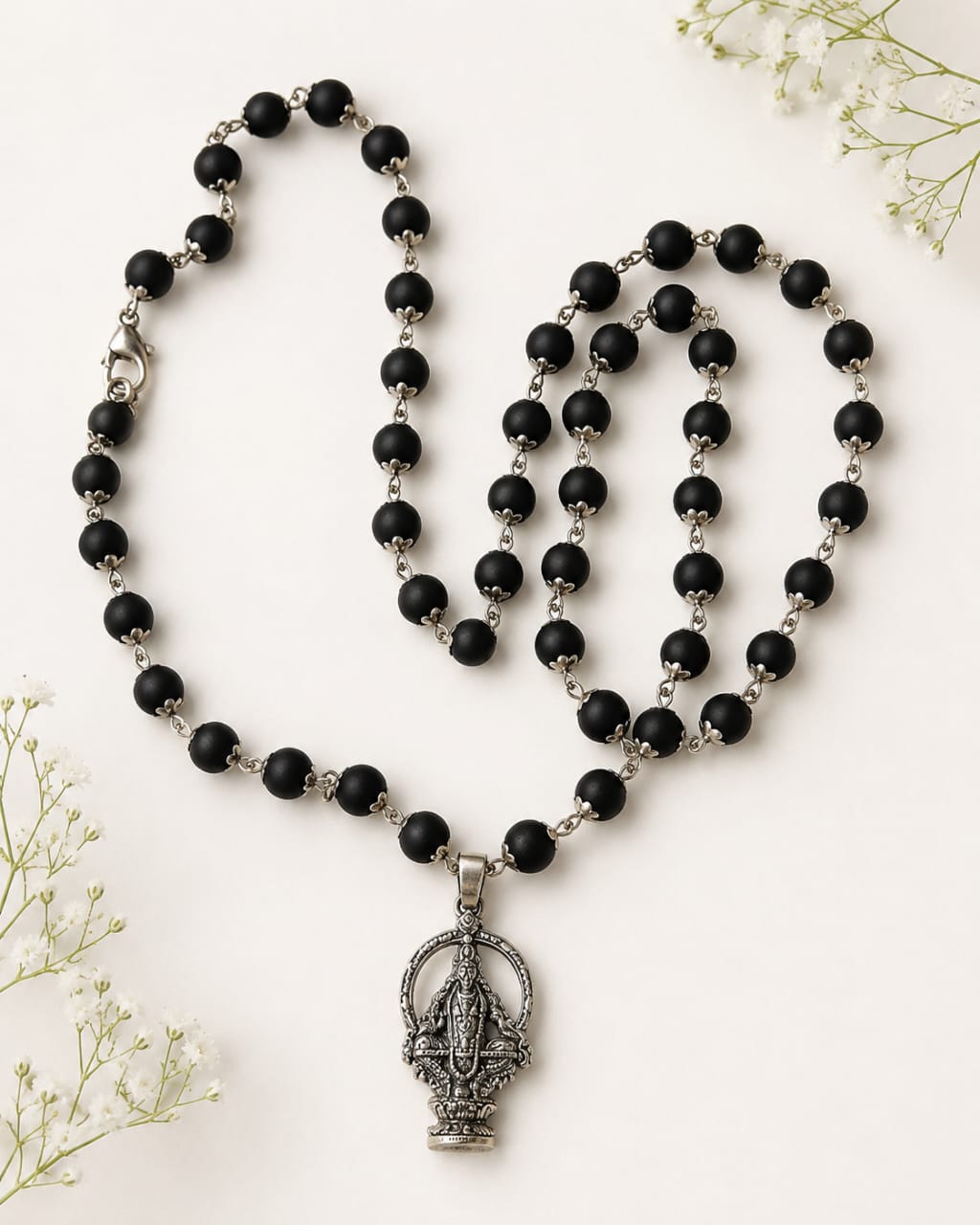 8mm Karungali Shabari Malai with Silver Caps & Ayyappa Pendant | Premium Devotional Mala