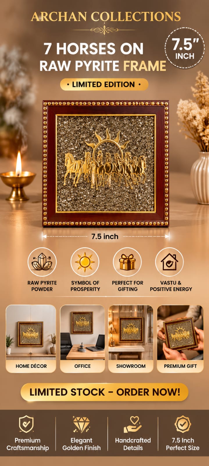 7 Horses on Raw Pyrite Frame | 7.5 Inch Premium Vastu wall decor for home & office
