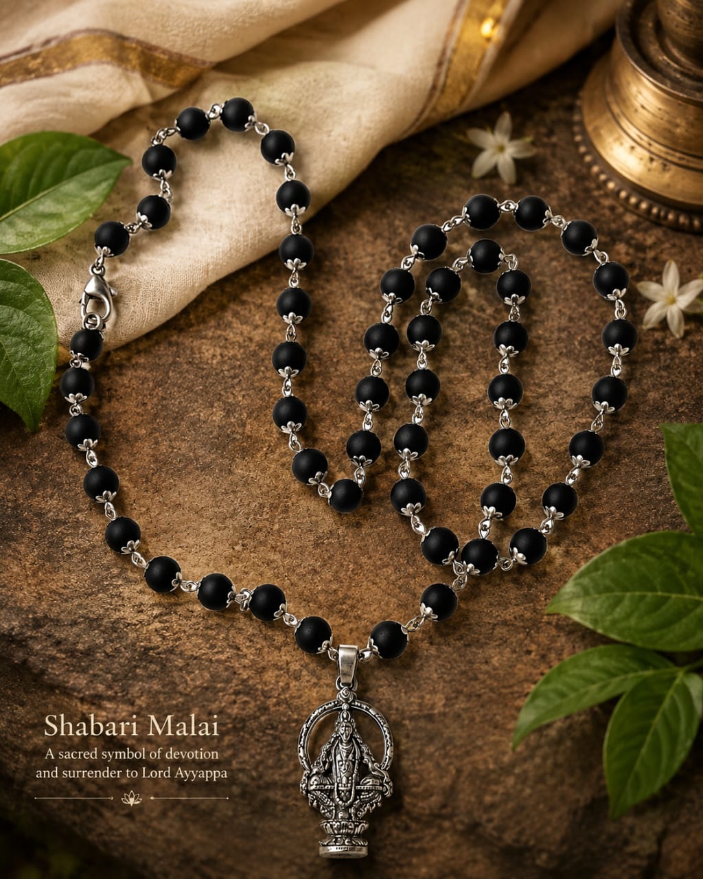 8mm Karungali Shabari Malai with Silver Caps & Ayyappa Pendant | Premium Devotional Mala