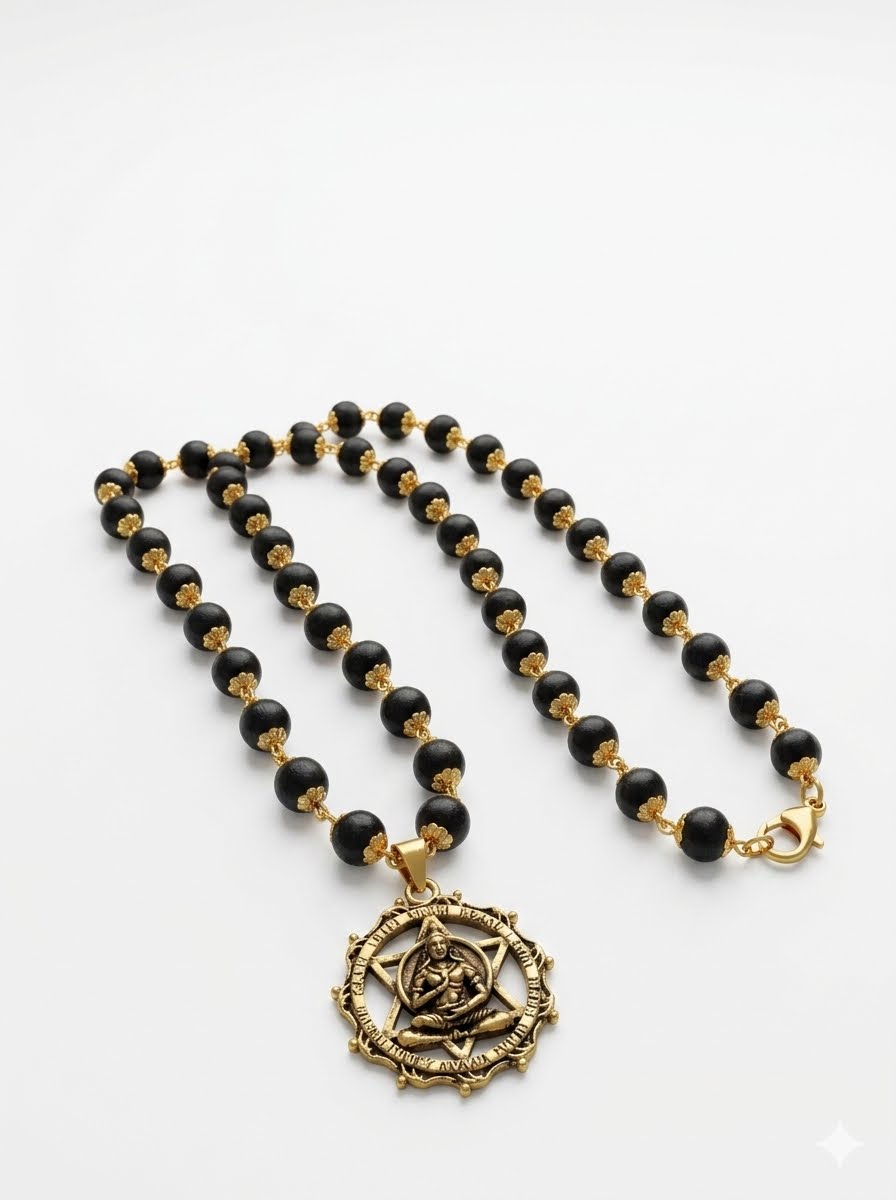 Premium Gold-Plated Karungali Wood Bead Mala with Sacred HANUMAN Meditating Deity Shatkona Star Pendant | Spiritual Protection Necklace