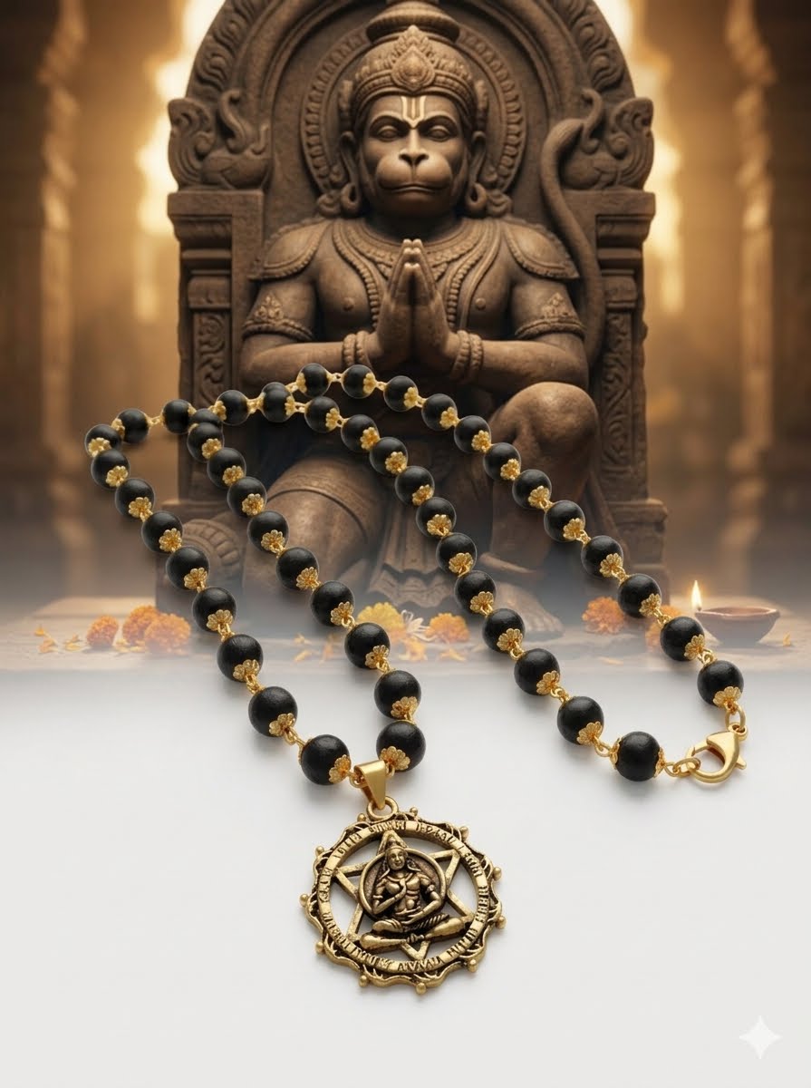 Premium Gold-Plated Karungali Wood Bead Mala with Sacred HANUMAN Meditating Deity Shatkona Star Pendant | Spiritual Protection Necklace