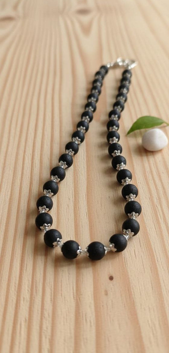 Black Bead Mala for Men & Women – Handmade Silver Chain Design