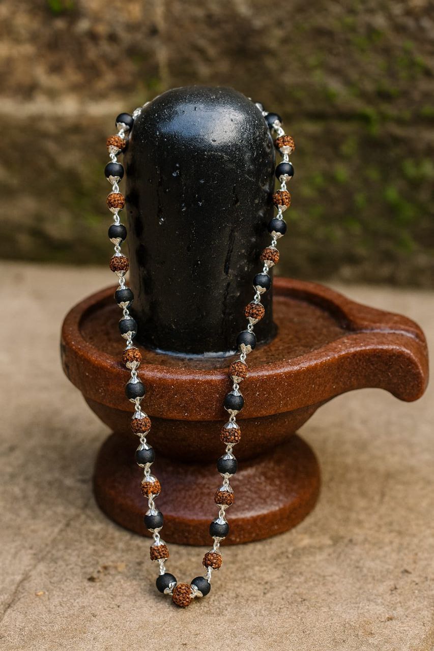 Handcrafted Rudraksha & Black Bead Mala – Spiritual Healing Necklace