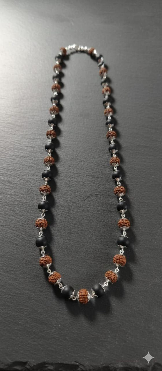 Handcrafted Rudraksha & Black Bead Mala – Spiritual Healing Necklace