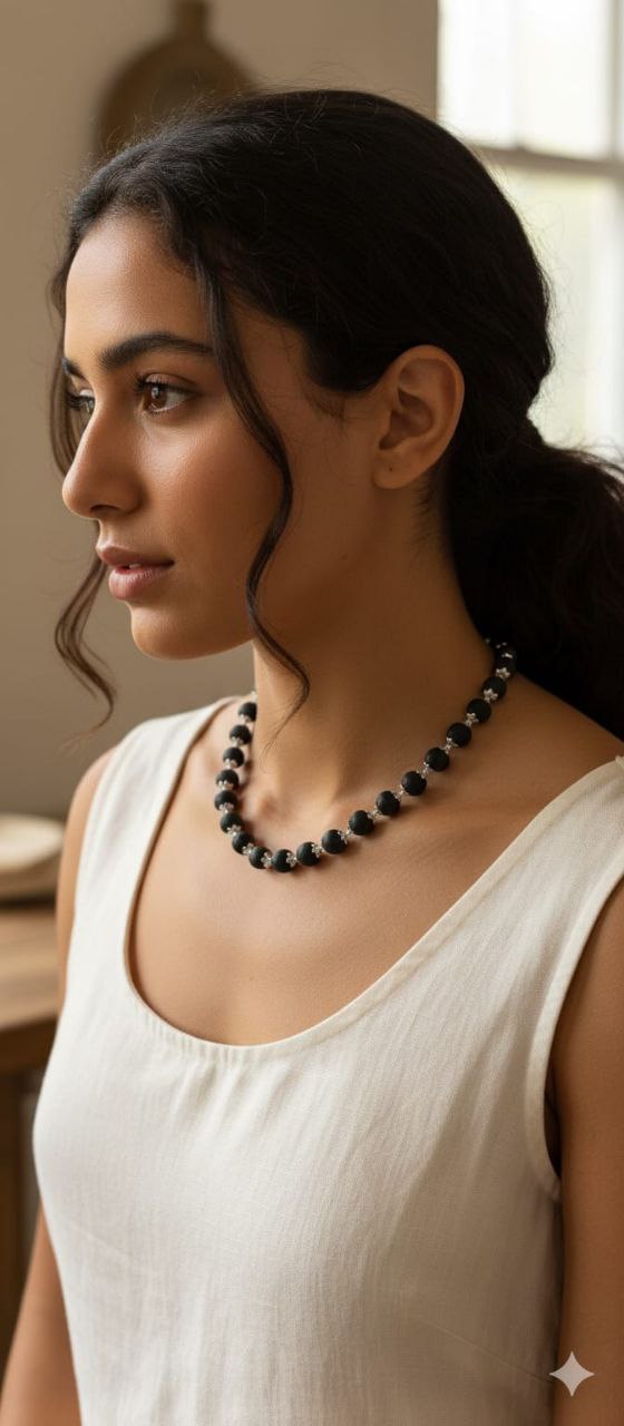 Black Bead Mala for Men & Women – Handmade Silver Chain Design
