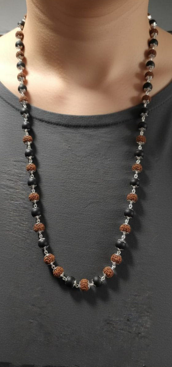 Handcrafted Rudraksha & Black Bead Mala – Spiritual Healing Necklace